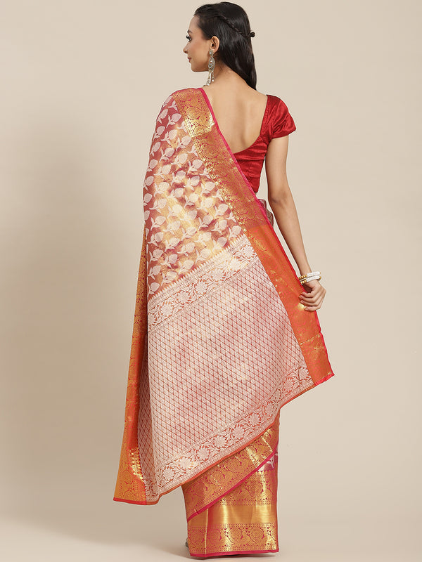 Pink Brocade Woven Zari Design Floral Saree with Unstitched Blouse - Hiral Fashion - Distacart
