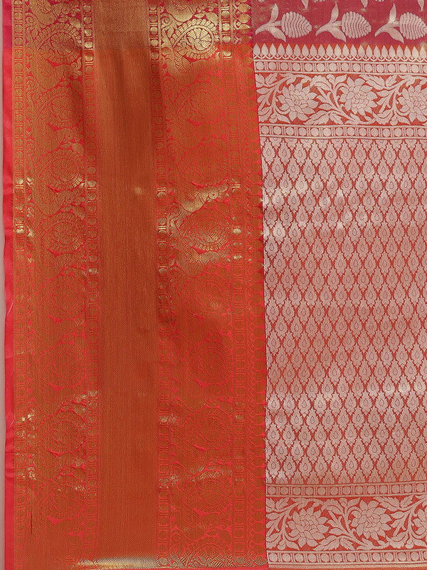 Pink Brocade Woven Zari Design Floral Saree with Unstitched Blouse - Hiral Fashion - Distacart