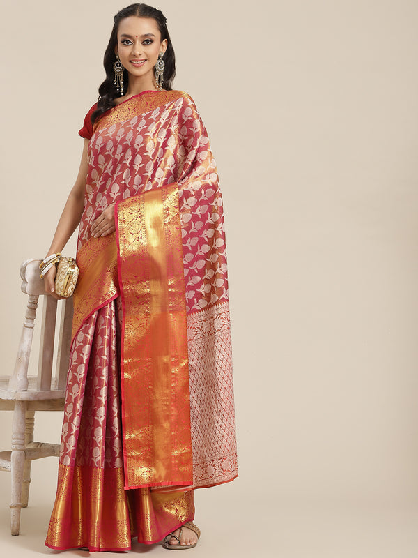 Pink Brocade Woven Zari Design Floral Saree with Unstitched Blouse - Hiral Fashion - Distacart