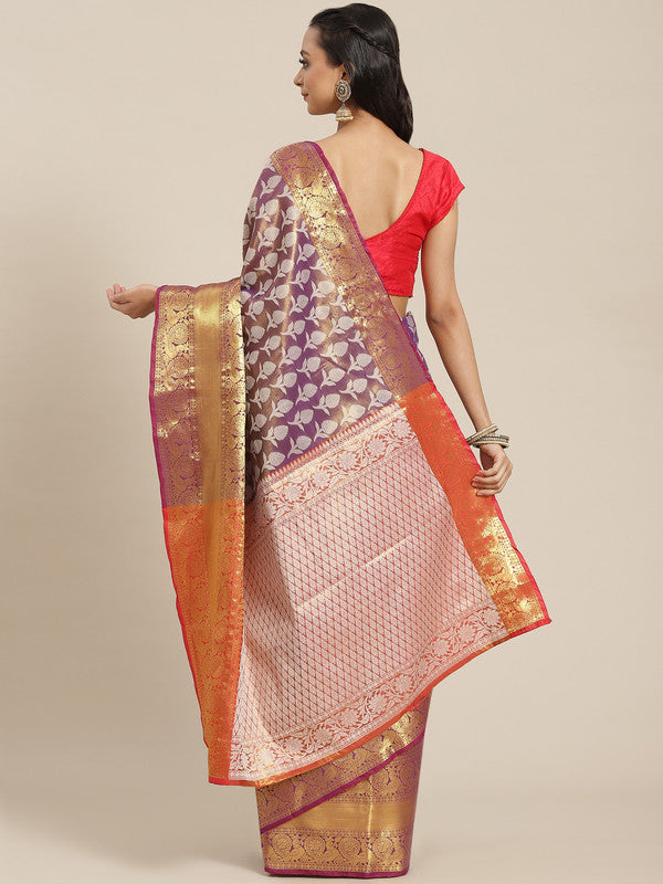 Purple Brocade Woven Zari Design Floral Saree with Unstitched Blouse - Hiral Fashion - Distacart