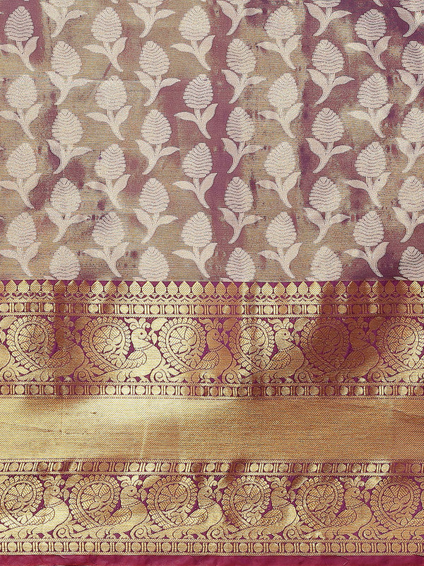 Purple Brocade Woven Zari Design Floral Saree with Unstitched Blouse - Hiral Fashion - Distacart