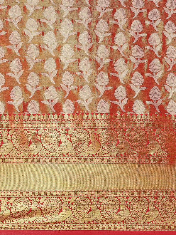 Red Brocade Woven Zari Design Floral Saree with Unstitched Blouse - Hiral Fashion - Distacart