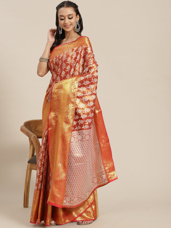 Red Brocade Woven Zari Design Floral Saree with Unstitched Blouse - Hiral Fashion - Distacart