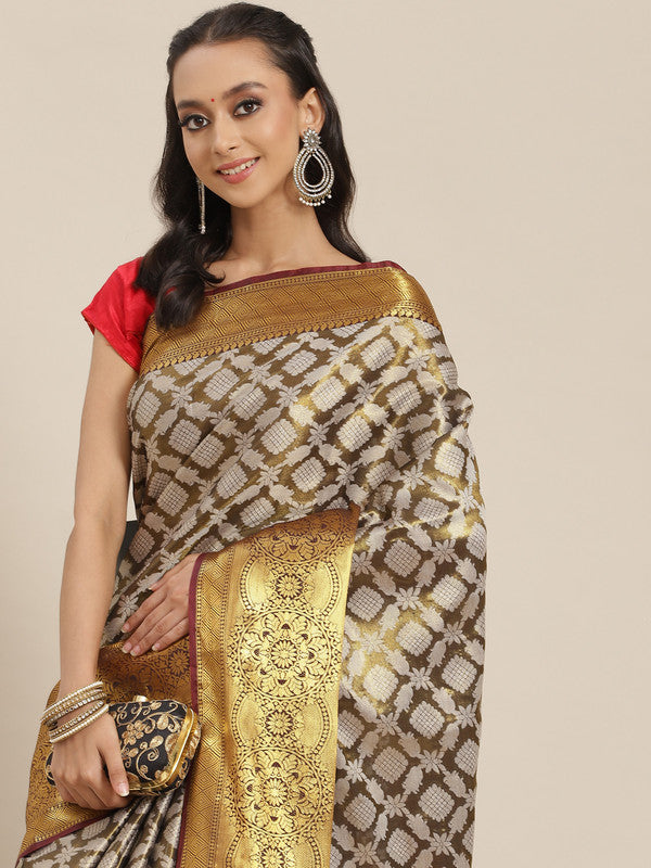 Black Brocade Woven Zari Design Floral Saree with Unstitched Blouse - Hiral Fashion - Distacart
