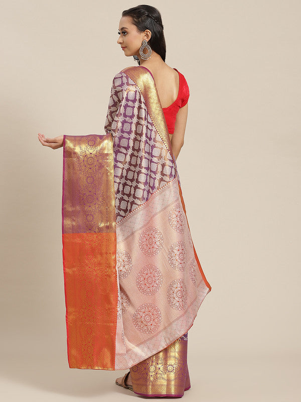 Purple Brocade Woven Zari Design Floral Saree with Unstitched Blouse - Hiral Fashion - Distacart