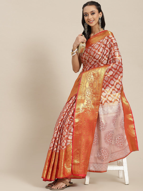 Red Brocade Woven Zari Design Floral Saree with Unstitched Blouse - Hiral Fashion - Distacart