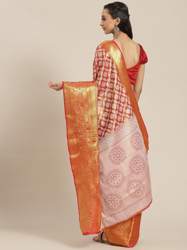 Red Brocade Woven Zari Design Floral Saree with Unstitched Blouse - Hiral Fashion - Distacart