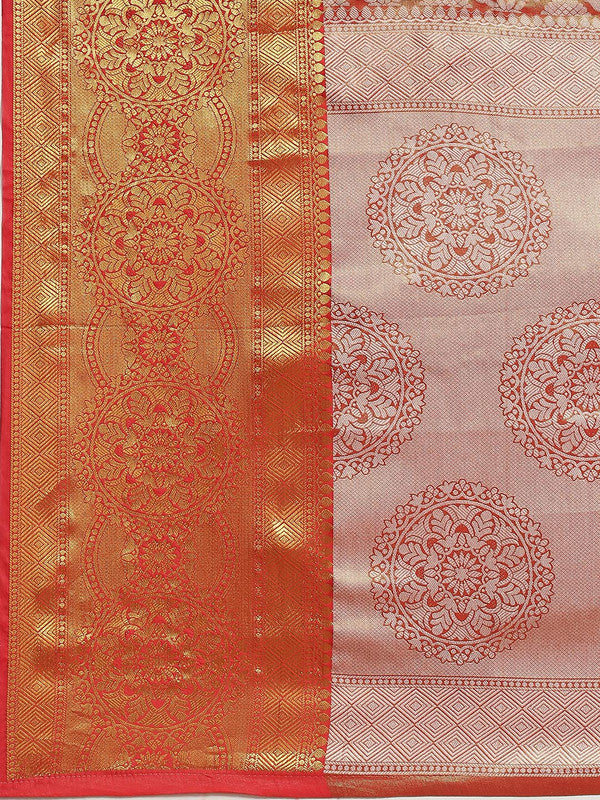 Red Brocade Woven Zari Design Floral Saree with Unstitched Blouse - Hiral Fashion - Distacart