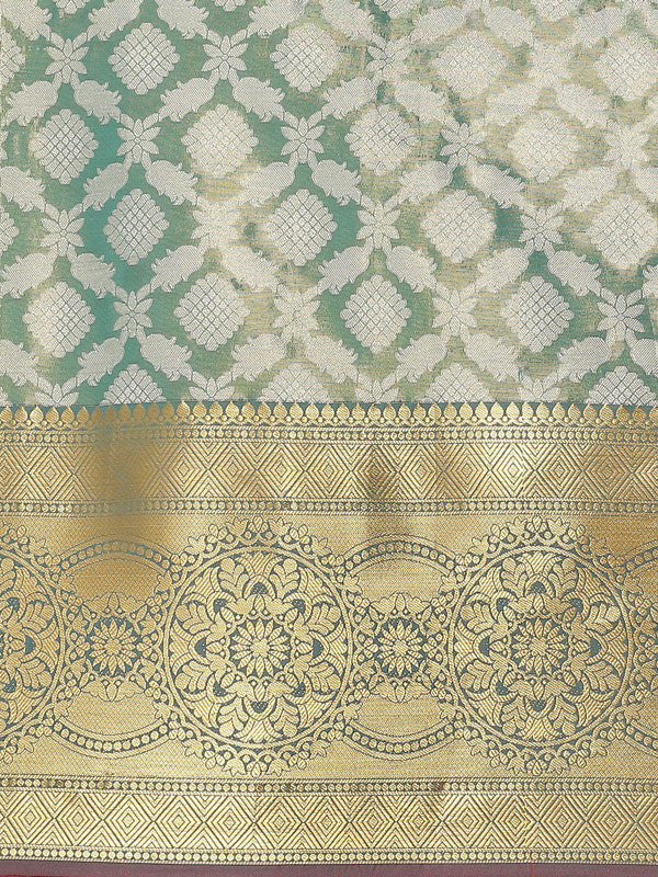 Turquoise Brocade Woven Zari Design Floral Saree with Unstitched Blouse - Hiral Fashion - Distacart