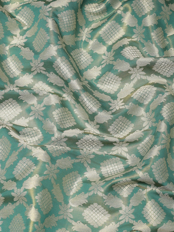 Turquoise Brocade Woven Zari Design Floral Saree with Unstitched Blouse - Hiral Fashion - Distacart