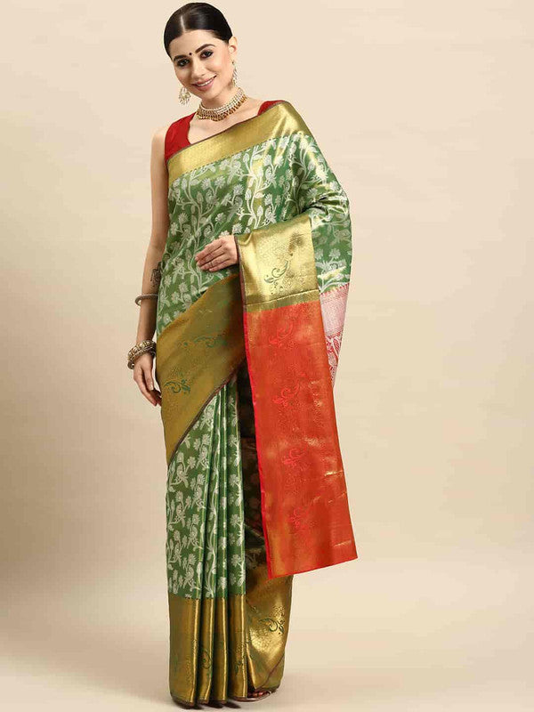 Green Brocade Woven Zari Design Floral Saree with Unstitched Blouse - Hiral Fashion - Distacart