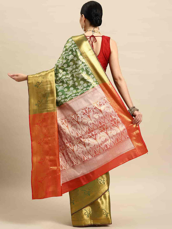 Green Brocade Woven Zari Design Floral Saree with Unstitched Blouse - Hiral Fashion - Distacart