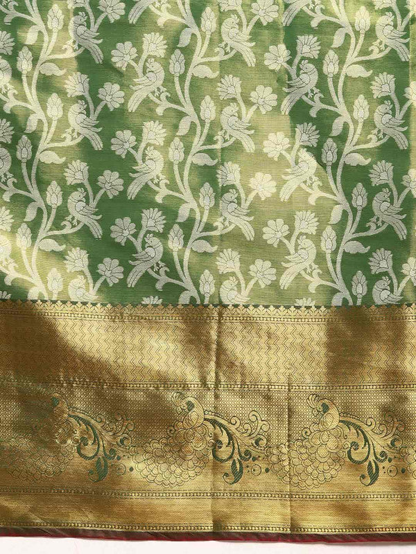 Green Brocade Woven Zari Design Floral Saree with Unstitched Blouse - Hiral Fashion - Distacart