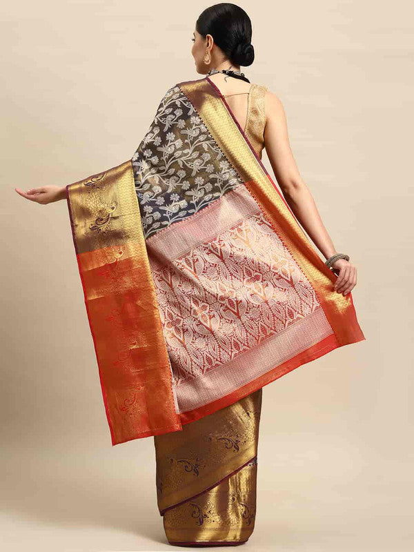 Navy Blue Brocade Woven Zari Design Floral Saree with Unstitched Blouse - Hiral Fashion - Distacart