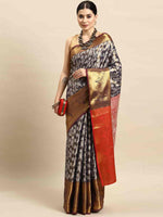Thumbnail for Navy Blue Brocade Woven Zari Design Floral Saree with Unstitched Blouse - Hiral Fashion - Distacart