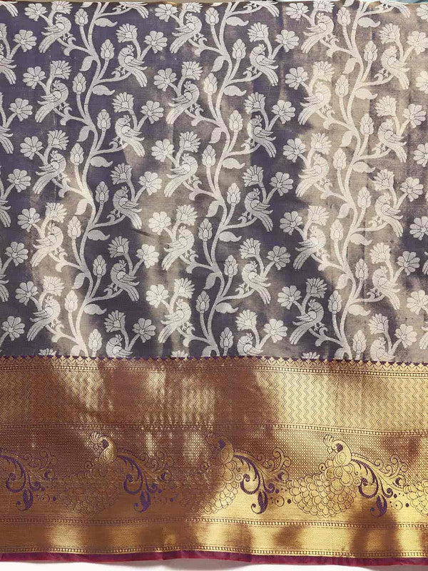 Navy Blue Brocade Woven Zari Design Floral Saree with Unstitched Blouse - Hiral Fashion - Distacart