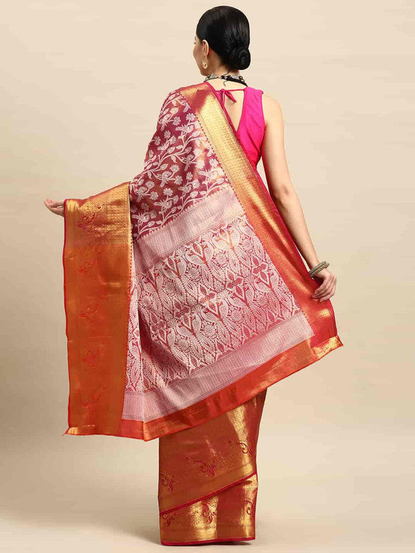 Pink Brocade Woven Zari Design Floral Saree with Unstitched Blouse - Hiral Fashion - Distacart