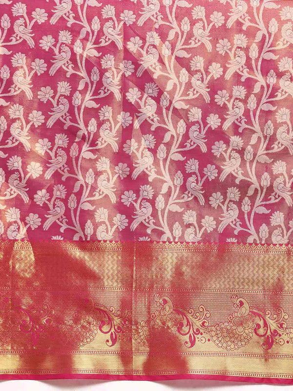 Pink Brocade Woven Zari Design Floral Saree with Unstitched Blouse - Hiral Fashion - Distacart