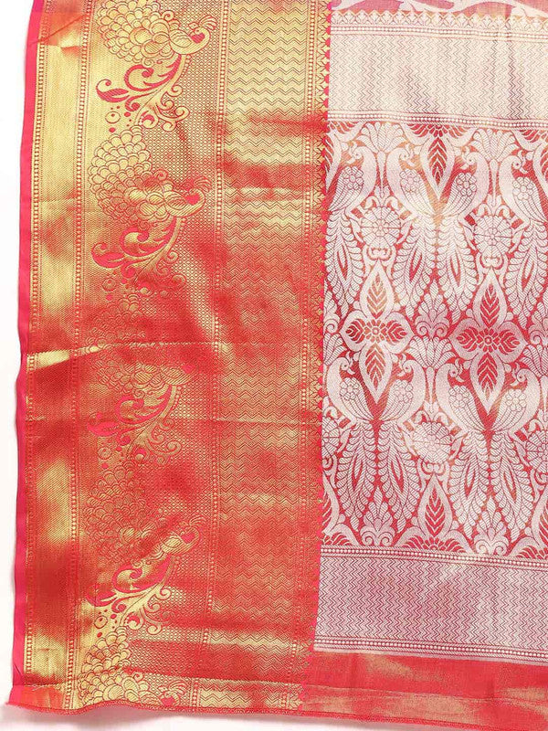 Pink Brocade Woven Zari Design Floral Saree with Unstitched Blouse - Hiral Fashion - Distacart