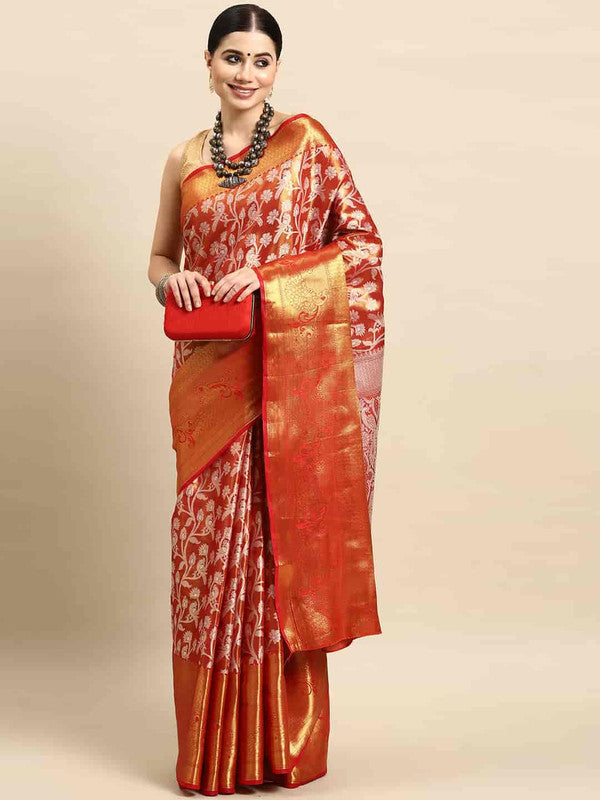 Red Brocade Woven Zari Design Floral Saree with Unstitched Blouse - Hiral Fashion - Distacart