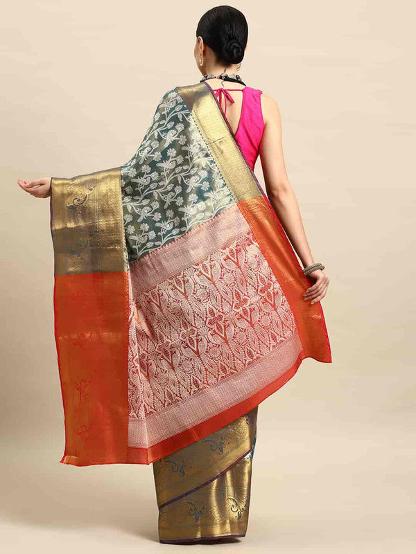 Turquoise Brocade Woven Zari Design Floral Saree with Unstitched Blouse - Hiral Fashion - Distacart