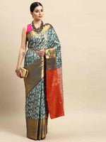 Thumbnail for Turquoise Brocade Woven Zari Design Floral Saree with Unstitched Blouse - Hiral Fashion - Distacart