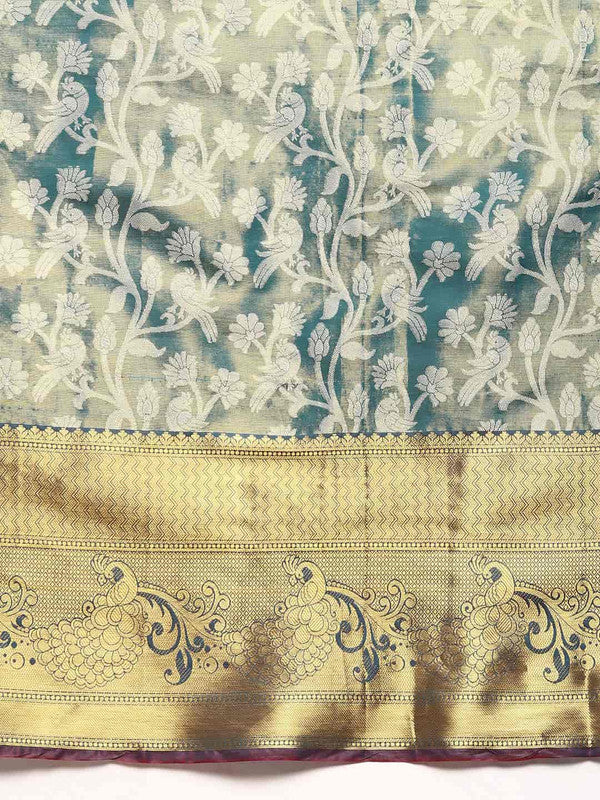 Turquoise Brocade Woven Zari Design Floral Saree with Unstitched Blouse - Hiral Fashion - Distacart