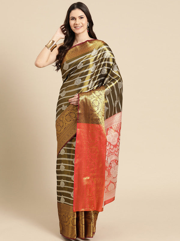 Black Silk Blend Woven Zari Design Striped Saree with Unstitched Blouse - Hiral Fashion - Distacart