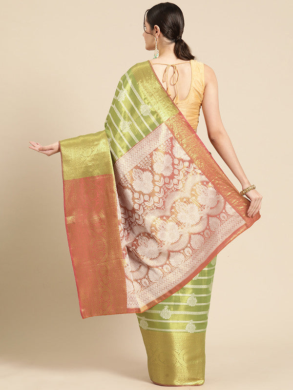 Green Silk Blend Woven Zari Design Striped Saree with Unstitched Blouse - Hiral Fashion - Distacart