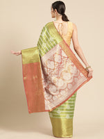 Thumbnail for Green Silk Blend Woven Zari Design Striped Saree with Unstitched Blouse - Hiral Fashion - Distacart