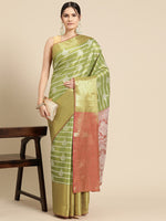Thumbnail for Green Silk Blend Woven Zari Design Striped Saree with Unstitched Blouse - Hiral Fashion - Distacart