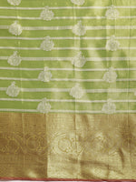 Thumbnail for Green Silk Blend Woven Zari Design Striped Saree with Unstitched Blouse - Hiral Fashion - Distacart