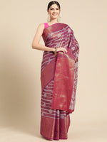 Thumbnail for Pink Silk Blend Woven Zari Design Striped Saree with Unstitched Blouse - Hiral Fashion - Distacart