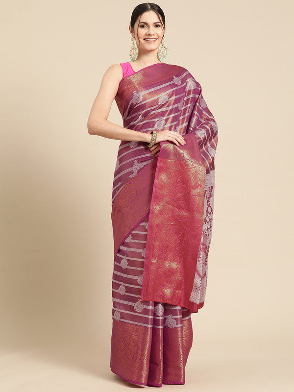 Pink Silk Blend Woven Zari Design Striped Saree with Unstitched Blouse - Hiral Fashion - Distacart