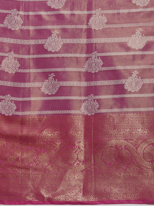 Pink Silk Blend Woven Zari Design Striped Saree with Unstitched Blouse - Hiral Fashion - Distacart