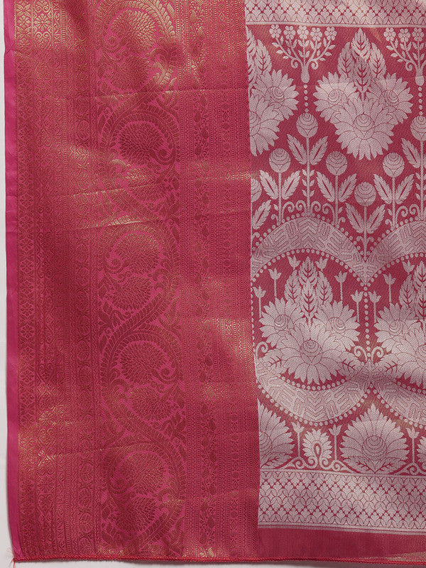Pink Silk Blend Woven Zari Design Striped Saree with Unstitched Blouse - Hiral Fashion - Distacart