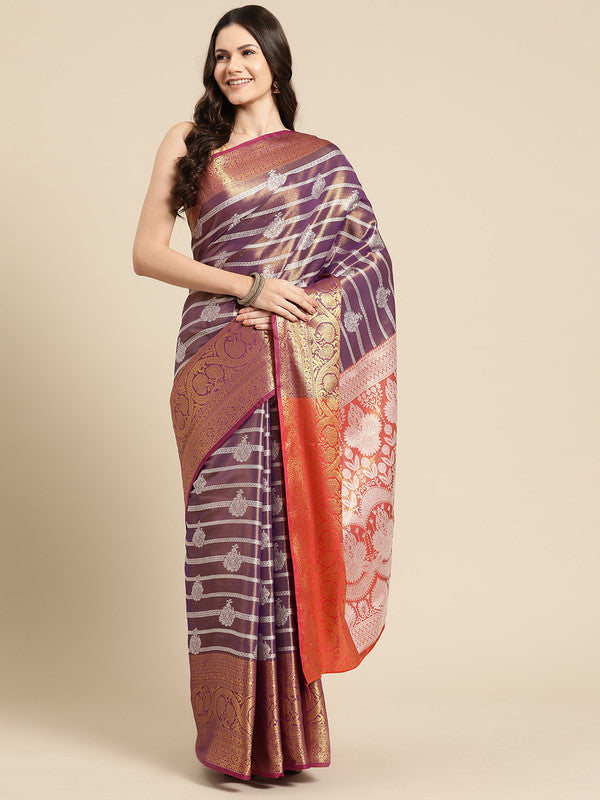 Purple Silk Blend Woven Zari Design Striped Saree with Unstitched Blouse - Hiral Fashion - Distacart