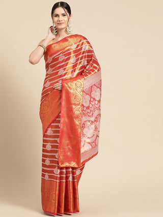 Red Silk Blend Woven Zari Design Striped Saree with Unstitched Blouse - Hiral Fashion - Distacart