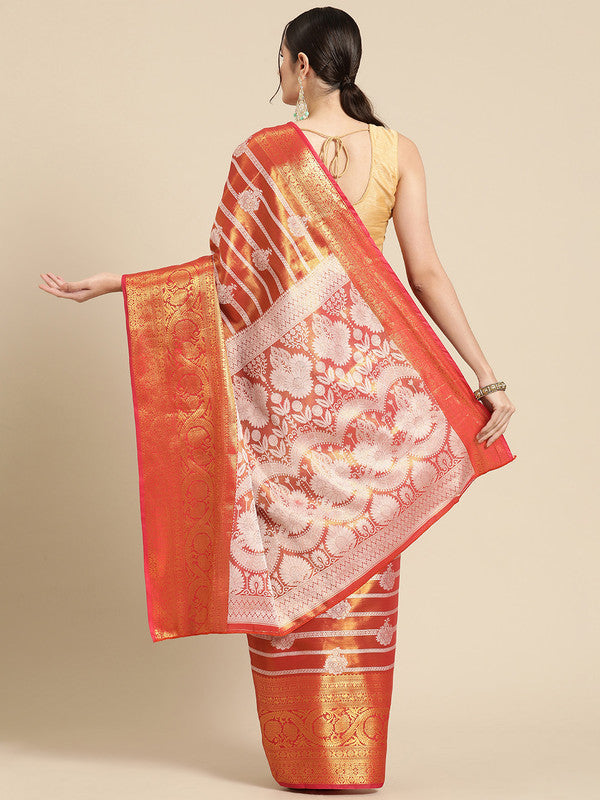 Red Silk Blend Woven Zari Design Striped Saree with Unstitched Blouse - Hiral Fashion - Distacart