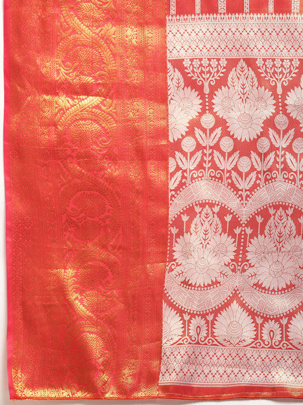 Red Silk Blend Woven Zari Design Striped Saree with Unstitched Blouse - Hiral Fashion - Distacart
