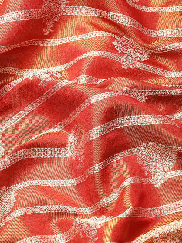 Red Silk Blend Woven Zari Design Striped Saree with Unstitched Blouse - Hiral Fashion - Distacart