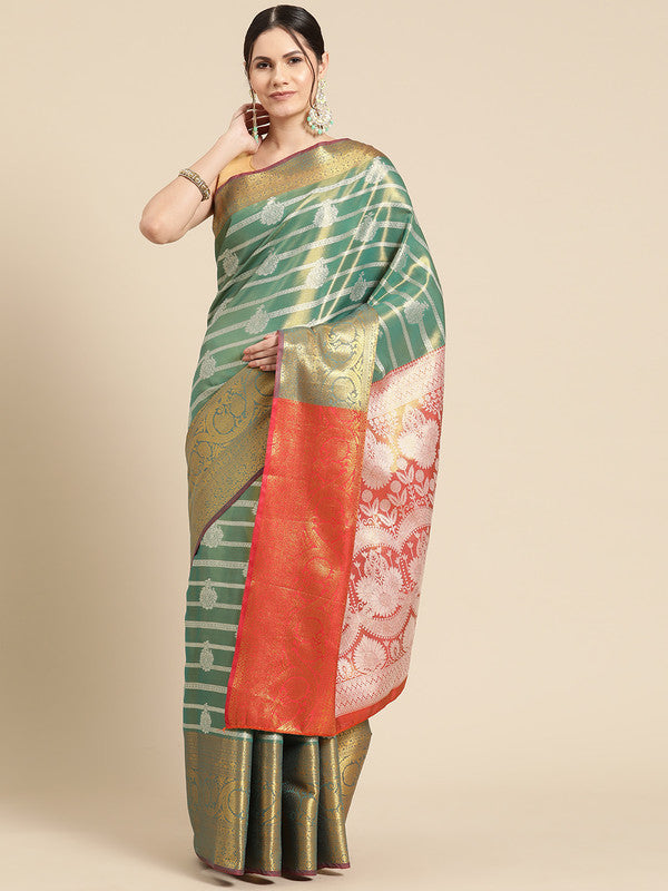 Turquoise Silk Blend Woven Zari Design Striped Saree with Unstitched Blouse - Hiral Fashion - Distacart