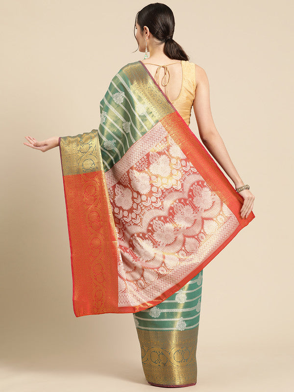 Turquoise Silk Blend Woven Zari Design Striped Saree with Unstitched Blouse - Hiral Fashion - Distacart