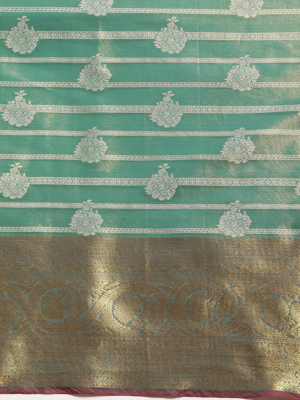 Turquoise Silk Blend Woven Zari Design Striped Saree with Unstitched Blouse - Hiral Fashion - Distacart