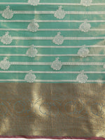 Thumbnail for Turquoise Silk Blend Woven Zari Design Striped Saree with Unstitched Blouse - Hiral Fashion - Distacart