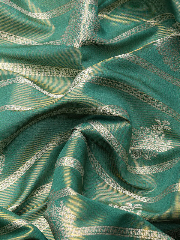 Turquoise Silk Blend Woven Zari Design Striped Saree with Unstitched Blouse - Hiral Fashion - Distacart