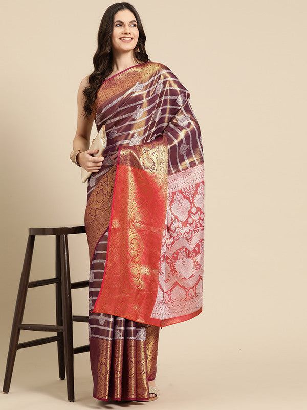 Purple Silk Blend Woven Zari Design Striped Saree with Unstitched Blouse - Hiral Fashion - Distacart