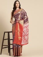 Thumbnail for Purple Silk Blend Woven Zari Design Striped Saree with Unstitched Blouse - Hiral Fashion - Distacart