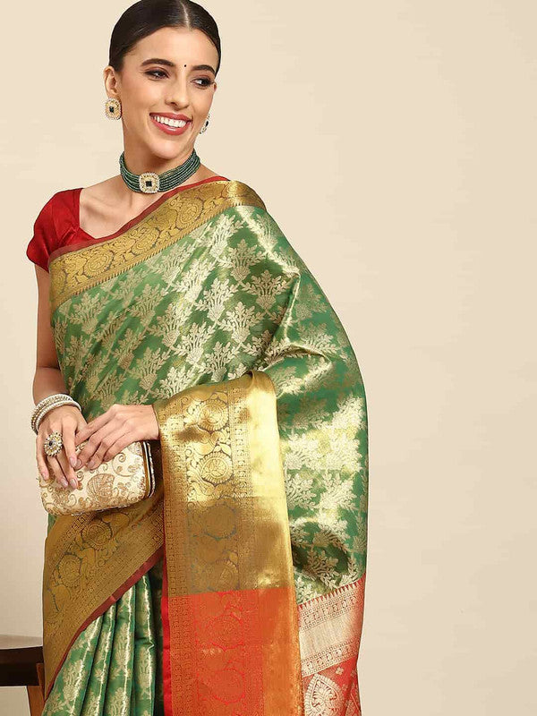 Green Art Silk Woven Zari Design Floral Saree with Unstitched Blouse - Hiral Fashion - Distacart