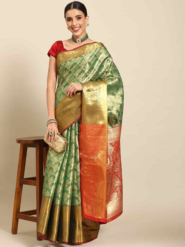 Green Art Silk Woven Zari Design Floral Saree with Unstitched Blouse - Hiral Fashion - Distacart